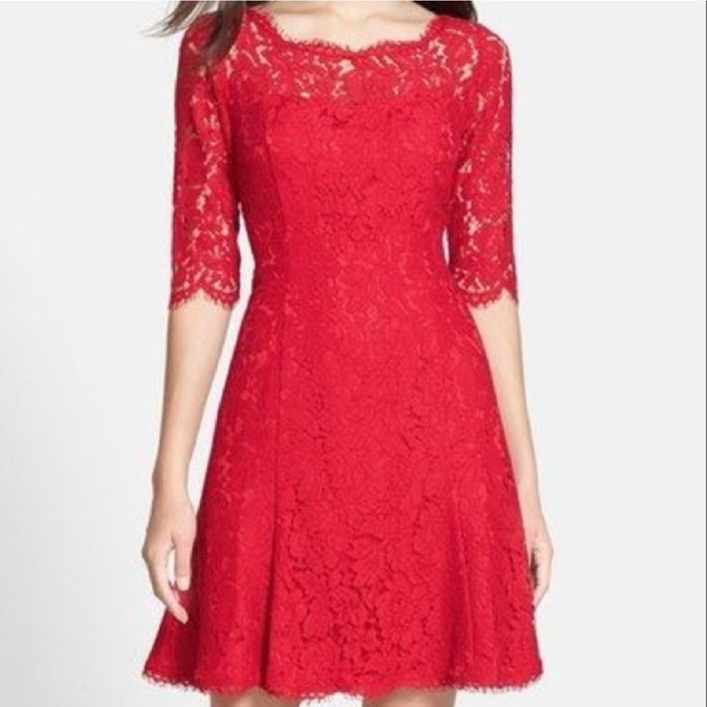 Eliza J Tulip Dress Red Lace Fit and Flare Scalloped Neckline Cocktail Size 6
